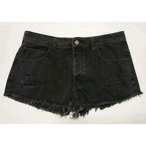 Zara Women's High-Waist Black Denim‎ Button Fly Shorts 2" Size 12 Distressed